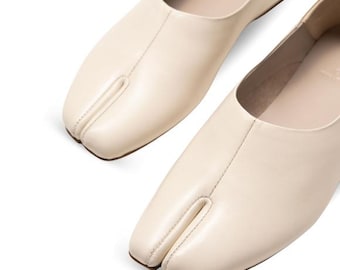 Handmade Milky Leather Tabi Ballet Flats | Split Toe Shoes