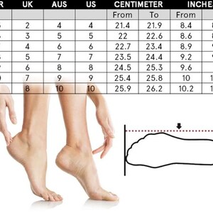 May include: A chart showing women's shoe sizes in European, UK, Australian, and US sizes, along with corresponding foot length measurements in centimeters and inches. The chart includes a diagram of a foot with the measurement points indicated.