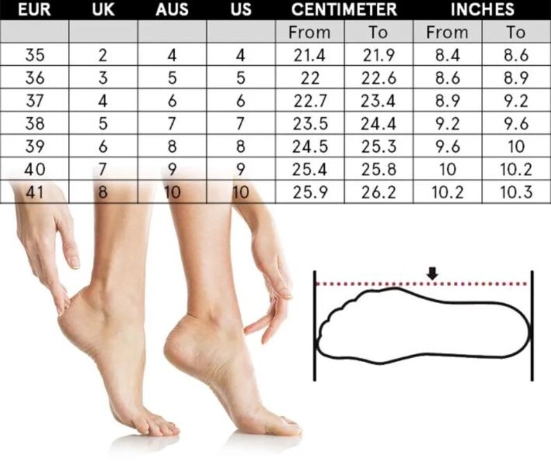 May include: A chart showing women's shoe sizes in European, UK, Australian, and US sizes, along with corresponding foot length measurements in centimeters and inches. The chart includes a diagram of a foot with the measurement points indicated.