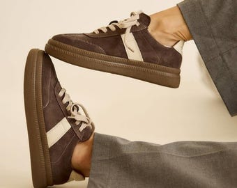 Handmade Brown Suede Sneakers: Women's Casual Leather Lace-Up Shoes