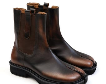 Botas Tabi de cuero marrón hechas a mano: diseño de punta dividida de inspiración japonesa