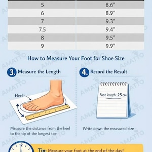 May include: An infographic from Amatto Shoes showing a women's U.S. shoe size chart in inches, ranging from size 5 (8.6") to size 9 (9.9"). It also illustrates how to measure foot length, with a foot measuring 25 cm.
