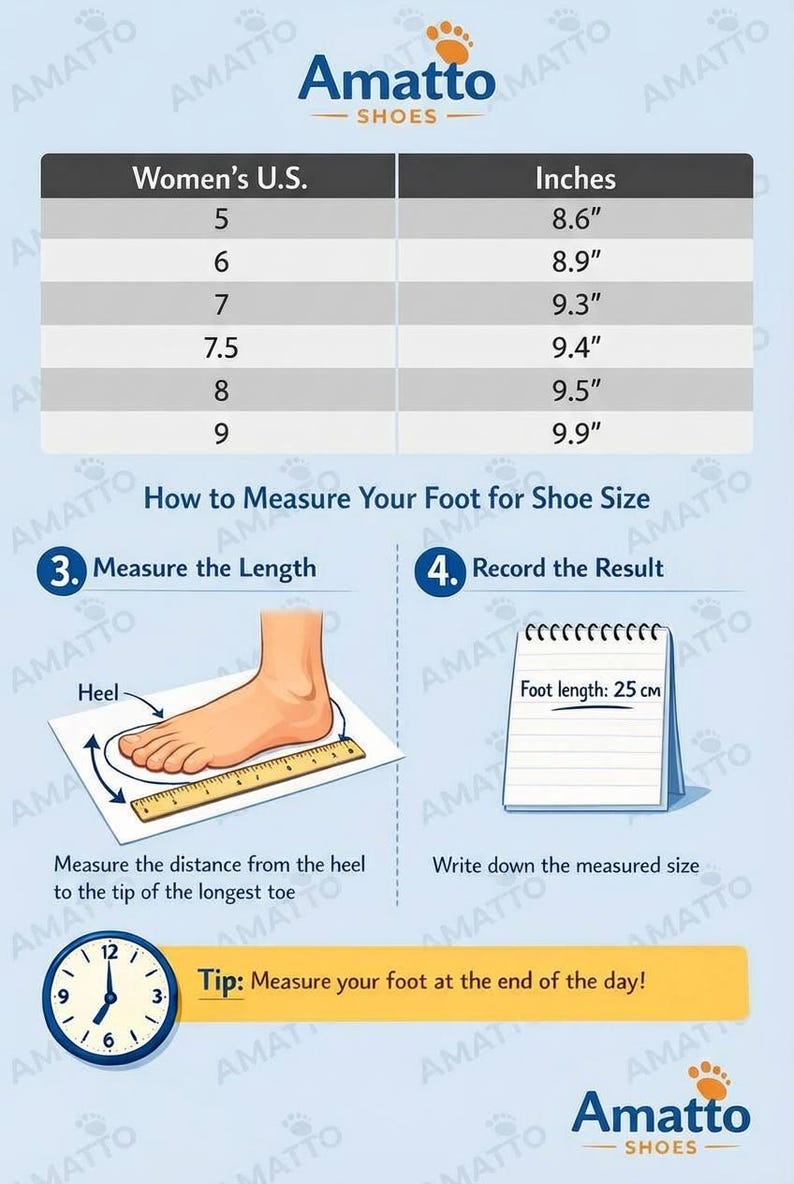 May include: An infographic from Amatto Shoes showing a women's U.S. shoe size chart in inches, ranging from size 5 (8.6") to size 9 (9.9"). It also illustrates how to measure foot length, with a foot measuring 25 cm.
