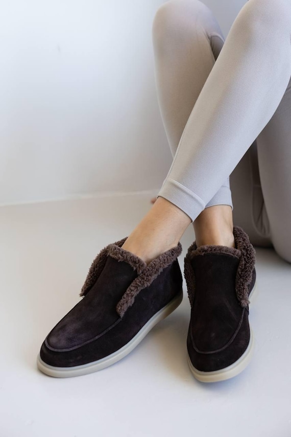 Brown Suede Loafers with Fur Trim | Women's Winter Shoes