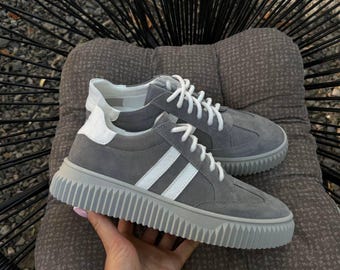 Handmade Gray Suede Sneakers - Women's Casual Shoes
