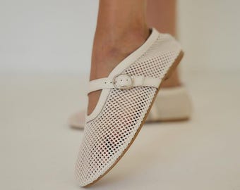 Handmade White Leather Mesh Ballet Flats | Women's Elegant Shoes