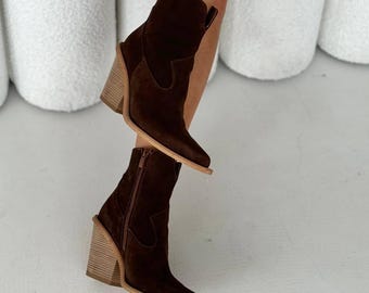 Suede High-Heeled Cowboy Boots: Handmade Western Chic