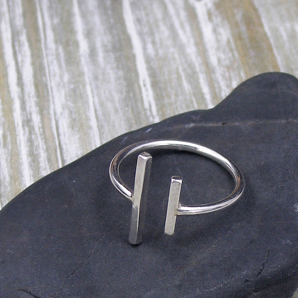 Bar Ring Silver, Parallel Bar Ring, Double Open Bars Ring, Modern, Minimalist