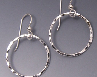 Silver Hoop Earrings, Hand Hammered Circle Dangle Earrings, 7/8" Hammered Circles