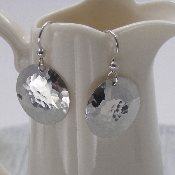 Sterling Silver Disc Earrings, Hammered Disc