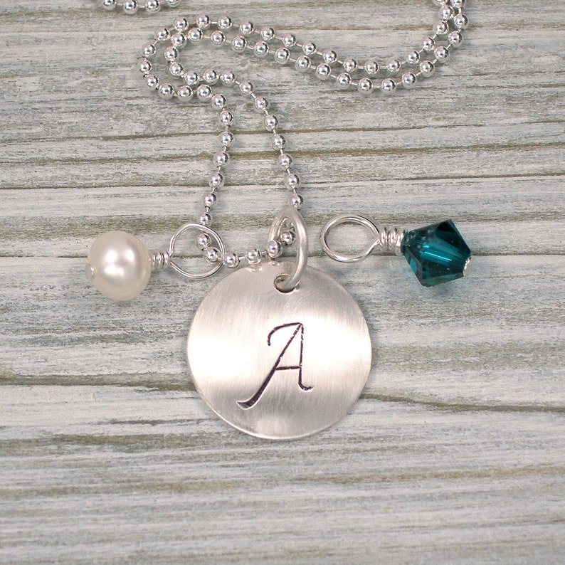Hand Stamped Silver Initial Pendant Necklace Swarovski Crystal Etsy