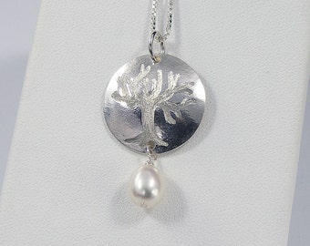 Tree of Life Necklace with a Freshwater Pearl, Hand Etched Sterling Silver