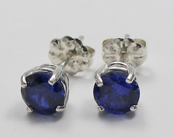 Sapphire Stud Earrings, Blue Sapphire Round 6mm, 925 Sterling Silver, September Birthstone