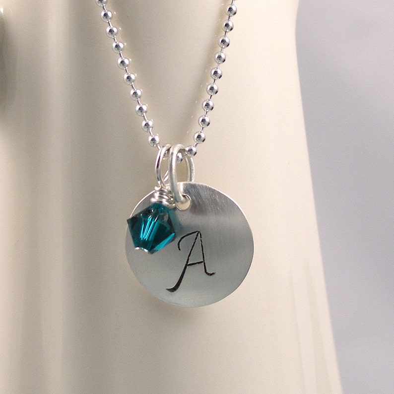 Hand Stamped Silver Initial Pendant Necklace Swarovski Crystal Etsy
