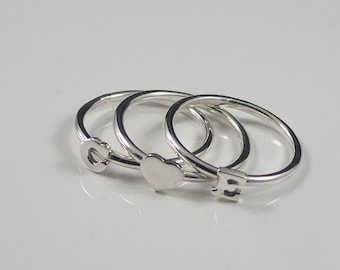 Silver Initial Stacking Rings, 2 Initial Rings and 1 Heart Ring