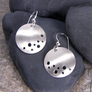 Dangle Circle Earrings with a Brushed Satin Finish, Moon and Stars Design image 1