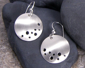 Dangle Circle Earrings with a Brushed Satin Finish, Moon and Stars Design