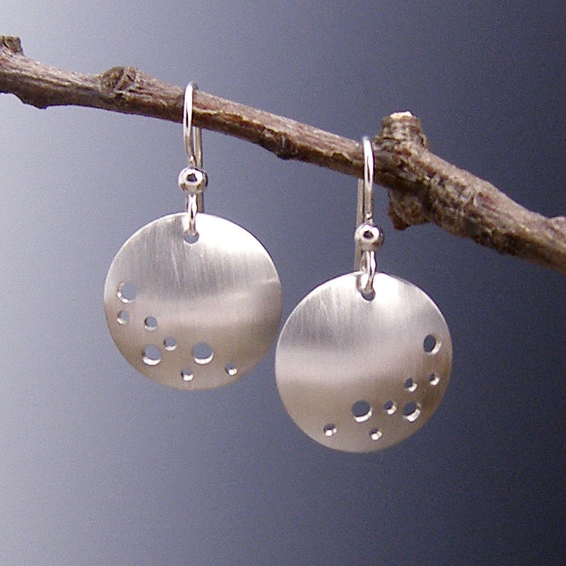 Dangle Circle Earrings with a Brushed Satin Finish, Moon and Stars Design image 2