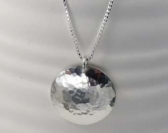 Sterling Silver Disc Pendant Necklace, Hammered Finish