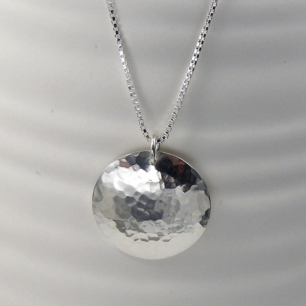 Sterling Silver Disc Pendant Necklace, Hammered Finish