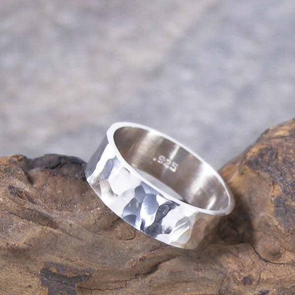 Wide Sterling Silver Ring, Hammered or Textured Unisex Ring, 6 mm wide