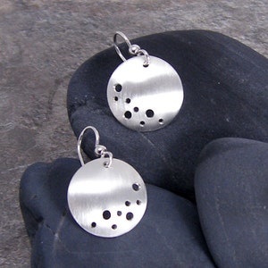 Dangle Circle Earrings with a Brushed Satin Finish, Moon and Stars Design image 5