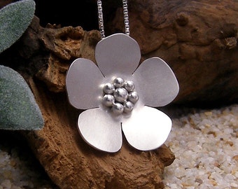 Silver Flower Pendant Necklace Cherry Blossom