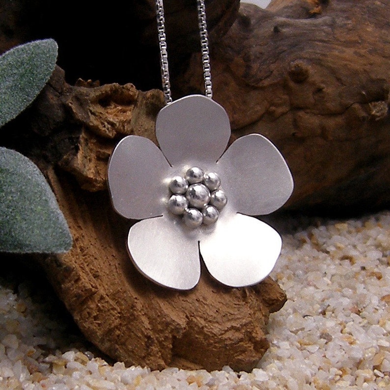 Silver Flower Pendant Necklace Cherry Blossom image 1