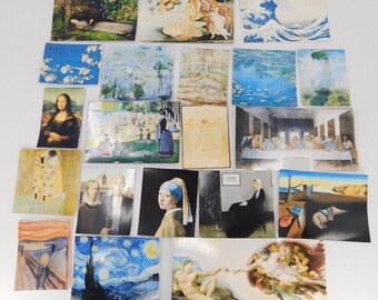 May include: A collection of 18 postcard-sized prints featuring famous paintings, including The Kiss, The Starry Night, The Last Supper, and The Creation of Adam.