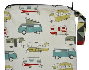 Medium 11 x 14 Wet bag / Swim / Diapers / Gym / Vintage Campers VW Camping Fabric  /  SEALED SEAMS and Snap Strap