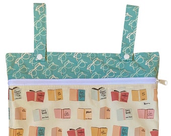 Kitchen or Stroller Wet Bag with Two Top Snap Straps / Art Gallery Fabrics Bookish Passport  /  SEALED SEAMS