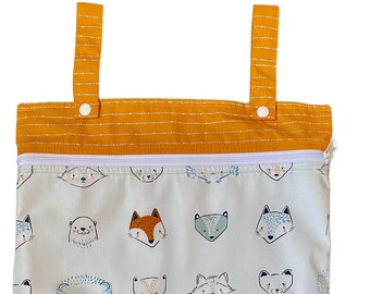 Kitchen or Stroller Wet Bag with Two Top Snap Straps / Furries Forrester Woodland Animals Fabric  /  SEALED SEAMS