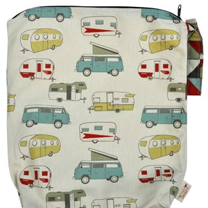 Large 14 x 16 x 4 Wet Bag / Vintage Campers VW Camping Fabric / Perfect for Diapers / Gym / Swim / SEALED SEAMS and Snap Strap