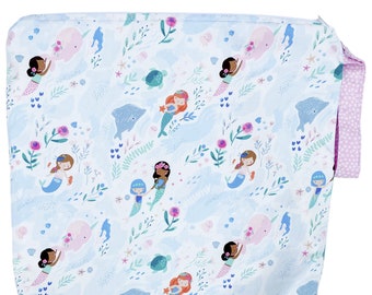 Large 14 x 16 x 4 Wet Bag / You Me and The Sea Mermaid Narwhal Ocean Fabric / Perfect for Diapers / Gym / Swim / SEALED SEAMS and Snap Strap