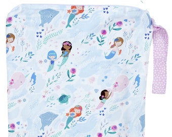 Medium 11 x 14 Wet bag / Swim / Diapers / Gym / You Me and The Sea Mermaid Narwhal Ocean Fabric /  SEALED SEAMS and Snap Strap