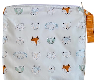 Large 14 x 16 x 4 Wet Bag / Furries Forrester Woodland Animal Fabric / Perfect for Diapers / Gym / Swim / SEALED SEAMS and Snap Strap