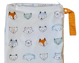 Medium 11 x 14 Wet bag / Swim / Diapers / Gym / Furries Forrester Woodland Animal Fabric  /  SEALED SEAMS and Snap Strap