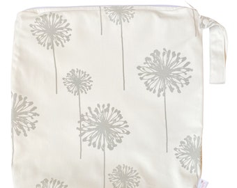 Large 14 x 16 x 4 Wet Bag / Wishers (Dandelions) Fabric / Perfect for Diapers / Gym / Swim / SEALED SEAMS and Snap Strap