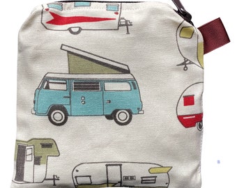 X Small 6.5 x 6.5 Wet bag / Reusable Snack Bag / Toys / Electronics / Vintage Campers VW Camping Fabric / SEALED SEAMS