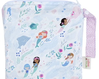 Small 9 x 9 Wet bag / Snack / Swim / Diapers / You Me and The Sea Mermaid Narwhal Ocean Fabric / SEALED SEAMS and Snap Strap