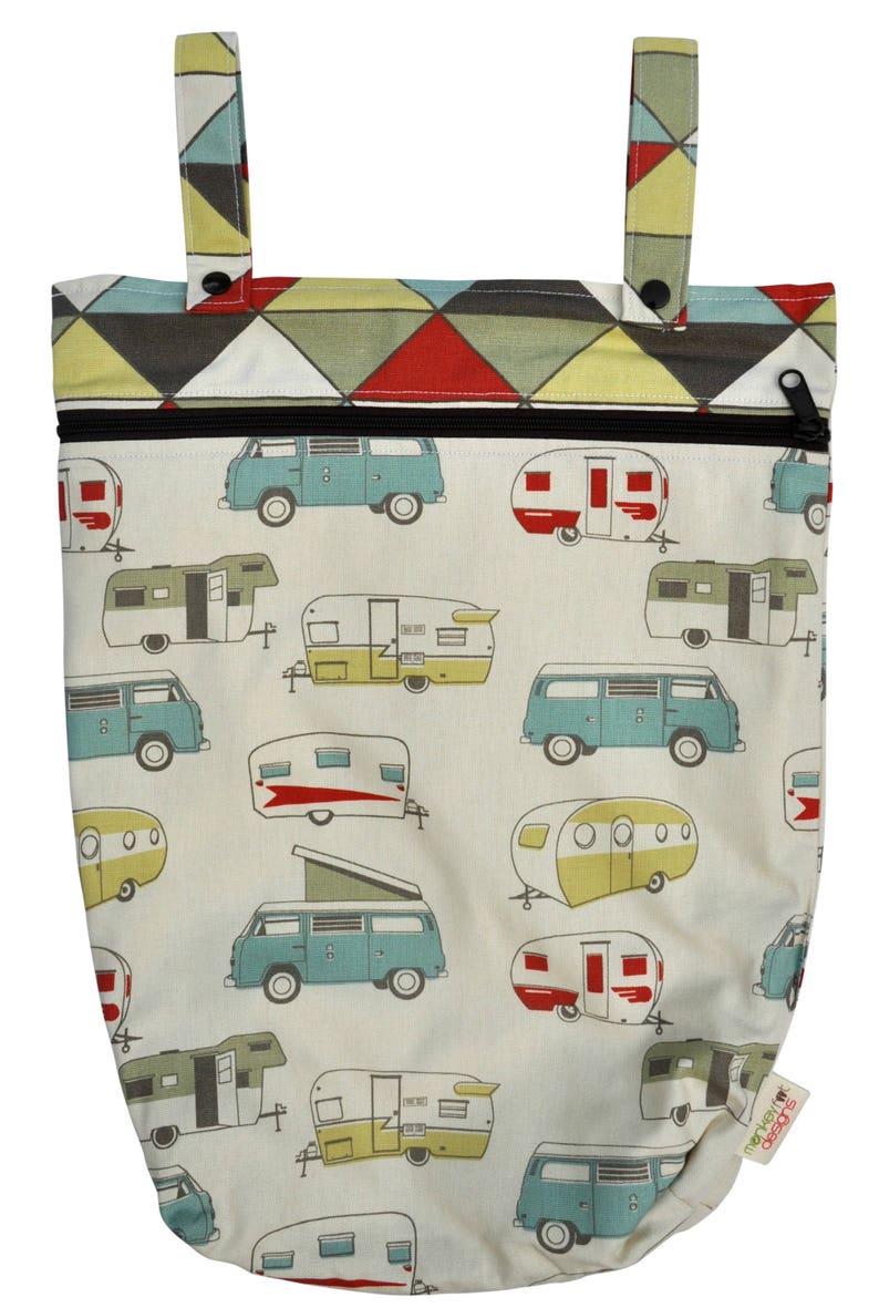 Kitchen or Stroller Wet Bag with Two Top Snap Straps Vintage Campers Fabric SEALED SEAMS