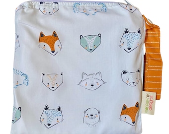Small 9 x 9 Wet bag / Snack / Swim / Diapers / Furries Forrester Woodland Animal Fabric / SEALED SEAMS and Snap Strap