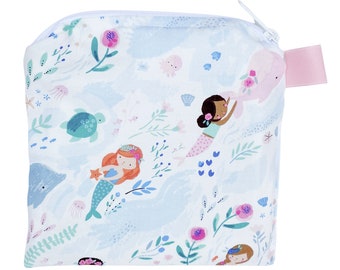 X Small 6.5 x 6.5 Wet bag / Reusable Snack Bag / Toys / Electronics / You Me and The Sea Mermaid Narwhal Ocean Fabric / SEALED SEAMS