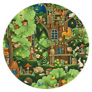 May include: A whimsical illustration of a forest at night with a large tree trunk filled with books.  The tree is surrounded by other trees, flowers, and animals reading books.  There is a small table with a teapot, a cup, and a globe.  The scene is lit by glowing stars and lanterns.