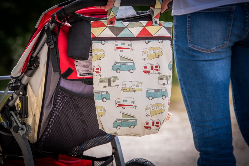 Kitchen or Stroller Wet Bag with Two Top Snap Straps Vintage Campers Fabric SEALED SEAMS