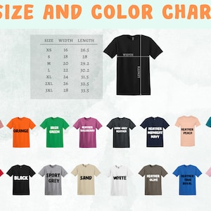 May include: A t-shirt size and colour chart. The chart shows measurements for sizes XS to 3XL, with width and length in inches. A variety of t-shirt colours are shown, including red, black, and heather mauve.