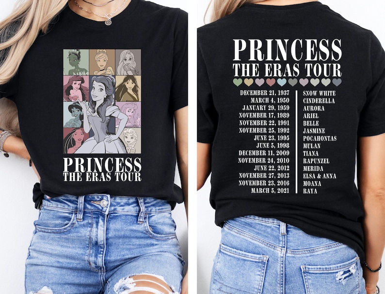 May include: Black t-shirt with a graphic of Disney princesses and the text "Princess The Eras Tour". The back of the shirt lists the Disney princesses and their release dates.