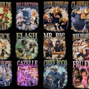 May include: A black background featuring twelve colorful graphic designs of characters from the animated movie "Zootopia". Each design includes a character's name, such as "Nick Wilde" and "Judy Hopps", in a stylized font.