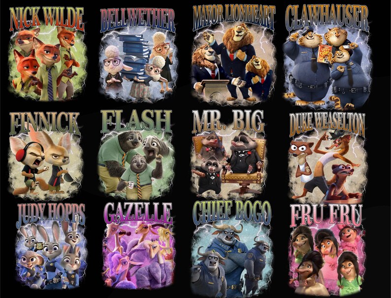 May include: A black background featuring twelve colorful graphic designs of characters from the animated movie "Zootopia". Each design includes a character's name, such as "Nick Wilde" and "Judy Hopps", in a stylized font.