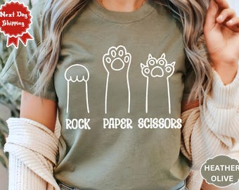 Rock Paper Scissors tshirt, lustiges Katzenpfoten-Shirt, Unisex Rundhals-Shirt für Katzenliebhaber, Katzenbesitzer-Shirt, Katzenpfoten-Shirts, Geschenk für Katzenmutter